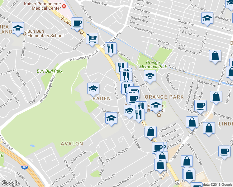 map of restaurants, bars, coffee shops, grocery stores, and more near 200 Fairway Drive in South San Francisco