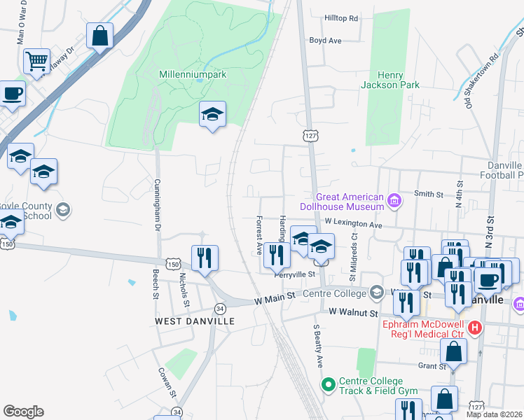 map of restaurants, bars, coffee shops, grocery stores, and more near 1009 West Lexington Avenue in Danville
