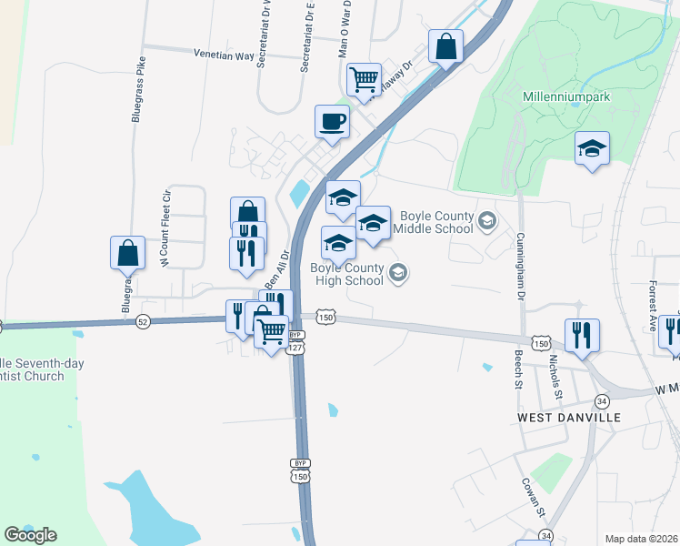 map of restaurants, bars, coffee shops, grocery stores, and more near 1651 Perryville Road in Danville