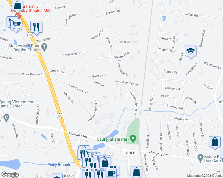 map of restaurants, bars, coffee shops, grocery stores, and more near 9502 Kimberly Lynn Circle in Glen Allen