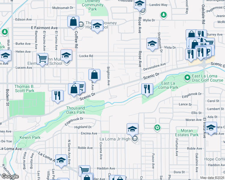 map of restaurants, bars, coffee shops, grocery stores, and more near 1516 Scenic Drive in Modesto