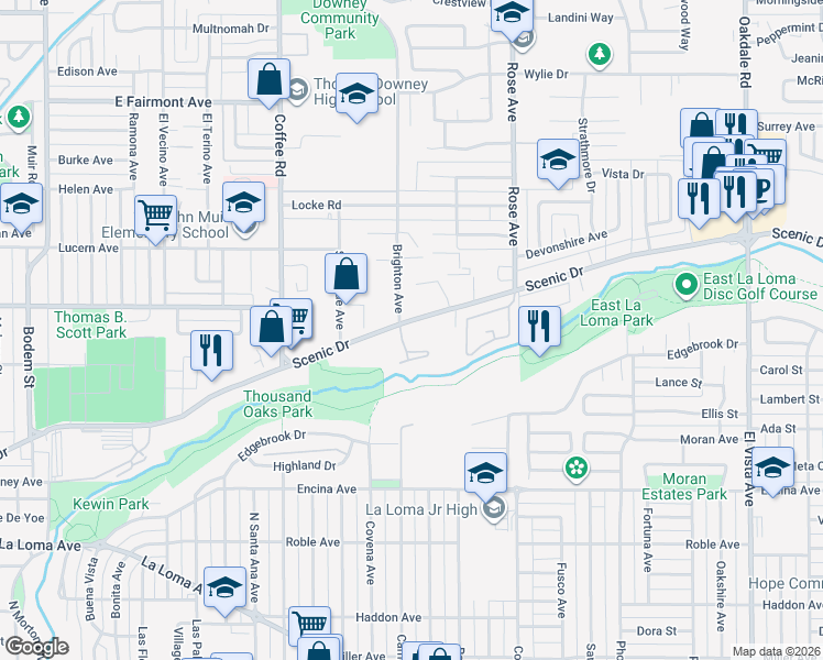 map of restaurants, bars, coffee shops, grocery stores, and more near 1516 Scenic Drive in Modesto
