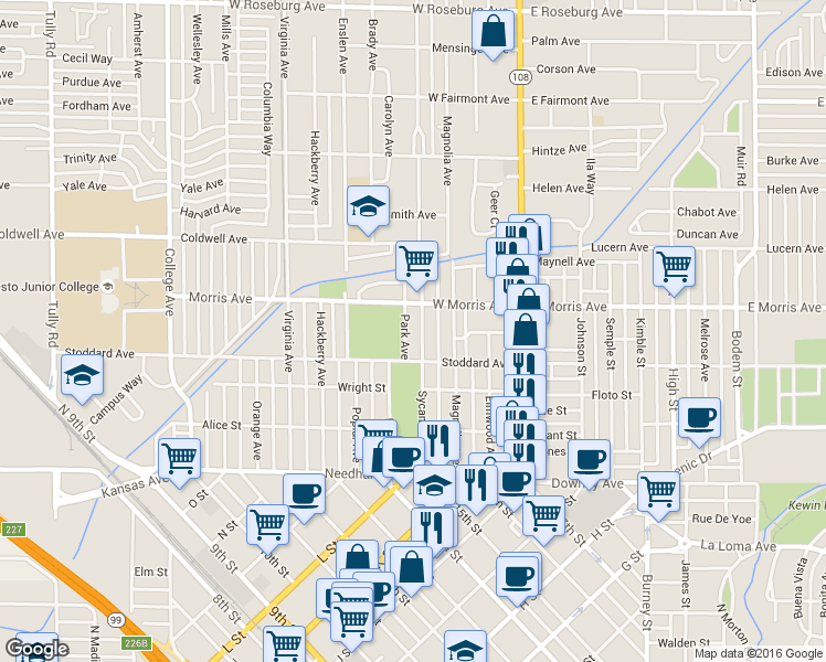 map of restaurants, bars, coffee shops, grocery stores, and more near 418 Sycamore Avenue in Modesto