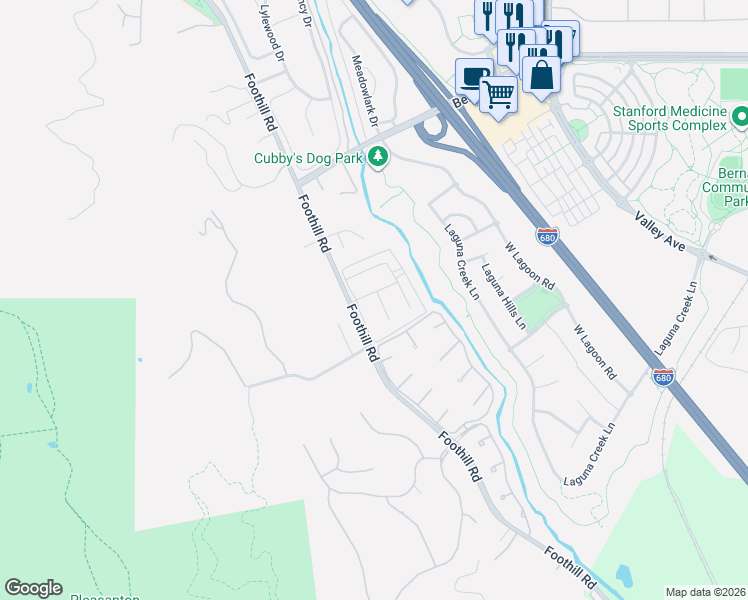 map of restaurants, bars, coffee shops, grocery stores, and more near 2389 Foothill Road in Pleasanton