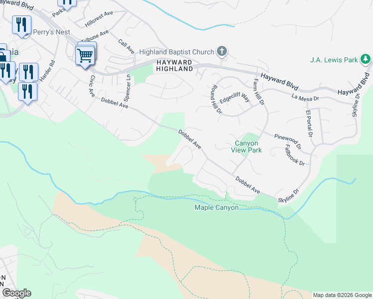 map of restaurants, bars, coffee shops, grocery stores, and more near 2757 Gamble Court in Hayward