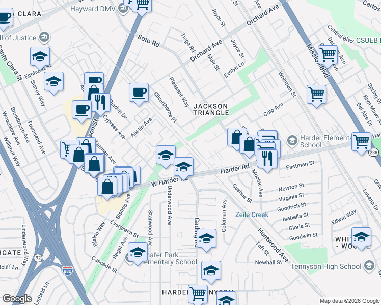 map of restaurants, bars, coffee shops, grocery stores, and more near 25417 Huntwood Avenue in Hayward