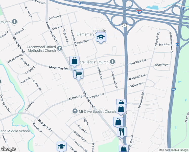 map of restaurants, bars, coffee shops, grocery stores, and more near 1409 New York Avenue in Glen Allen