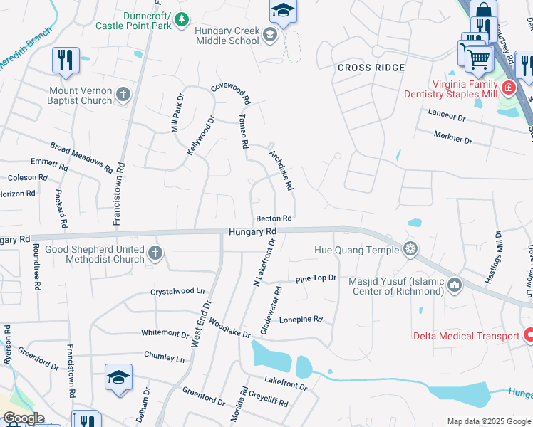 map of restaurants, bars, coffee shops, grocery stores, and more near 9002 Becton Rd in Glen Allen