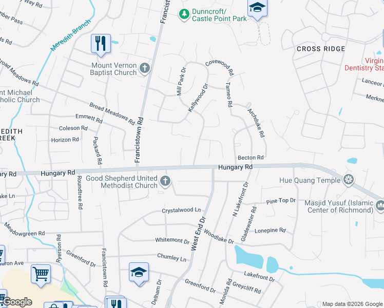 map of restaurants, bars, coffee shops, grocery stores, and more near 4606 Mill Park Drive in Glen Allen
