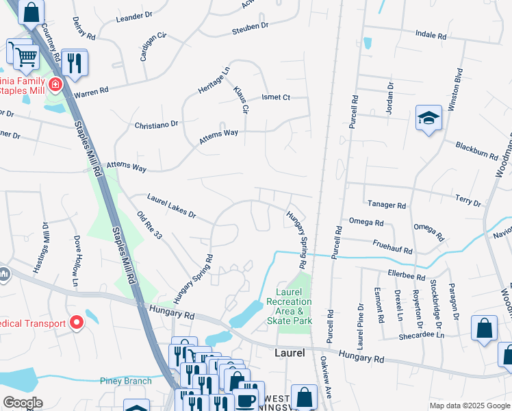 map of restaurants, bars, coffee shops, grocery stores, and more near 9503 Kimberly Lynn Circle in Glen Allen