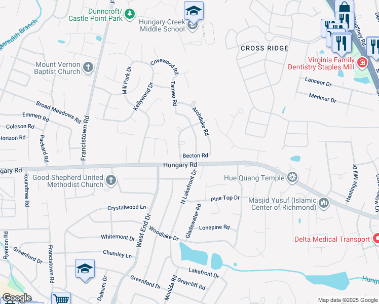 map of restaurants, bars, coffee shops, grocery stores, and more near 9002 Becton Road in Glen Allen