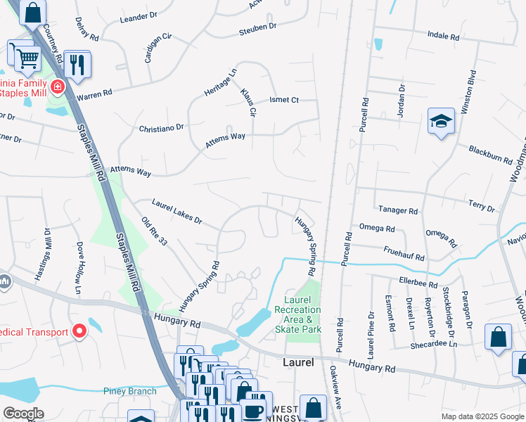map of restaurants, bars, coffee shops, grocery stores, and more near 9503 Kimberly Lynn Circle in Glen Allen