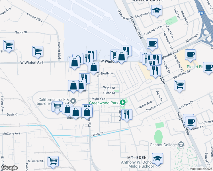 map of restaurants, bars, coffee shops, grocery stores, and more near 1591 Sylvia Street in Hayward