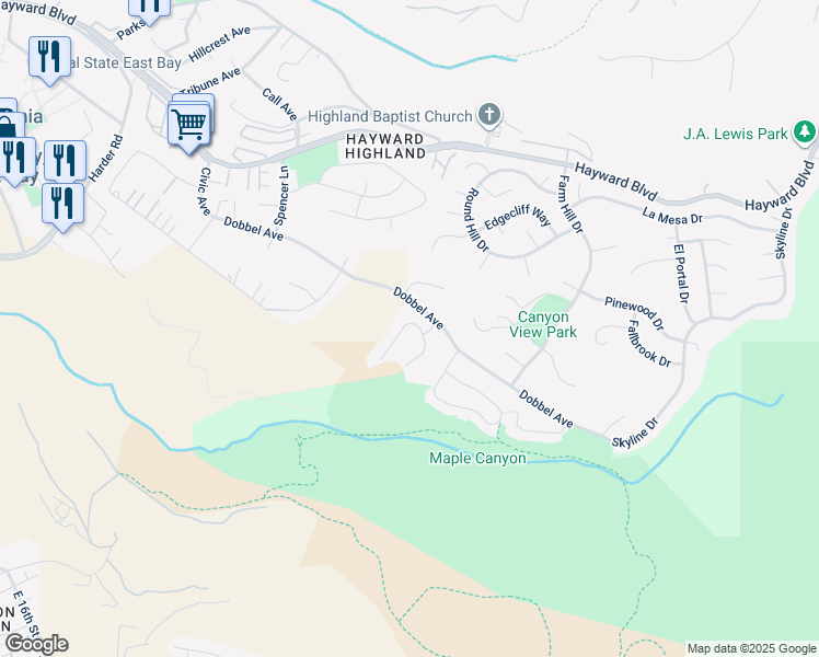 map of restaurants, bars, coffee shops, grocery stores, and more near 2743 Gamble Court in Hayward