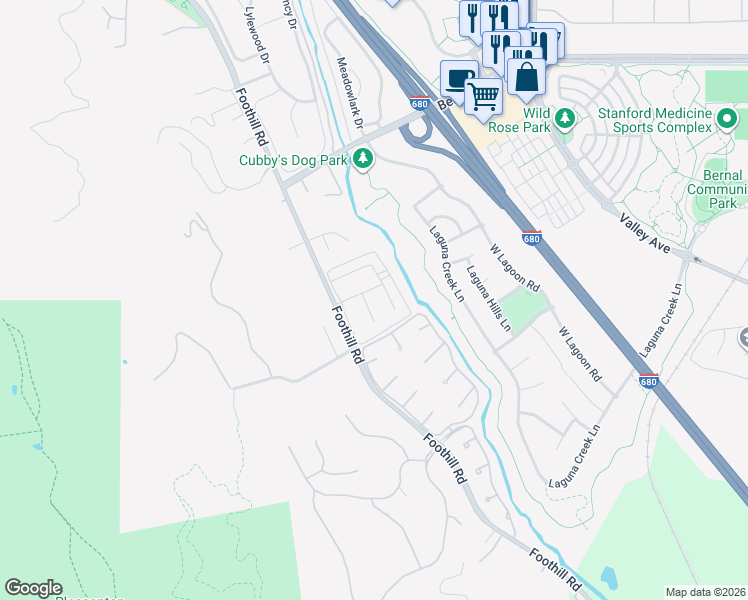 map of restaurants, bars, coffee shops, grocery stores, and more near 2389 Foothill Road in Pleasanton
