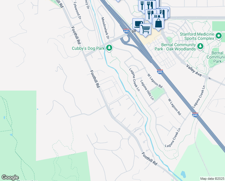 map of restaurants, bars, coffee shops, grocery stores, and more near 2158 Arroyo Court in Pleasanton