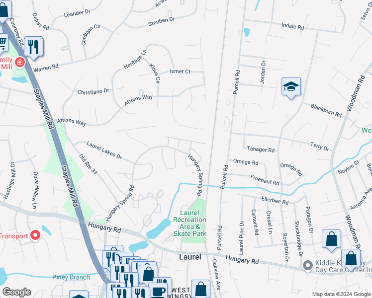 map of restaurants, bars, coffee shops, grocery stores, and more near 10102 Ann Michelle Lane in Glen Allen