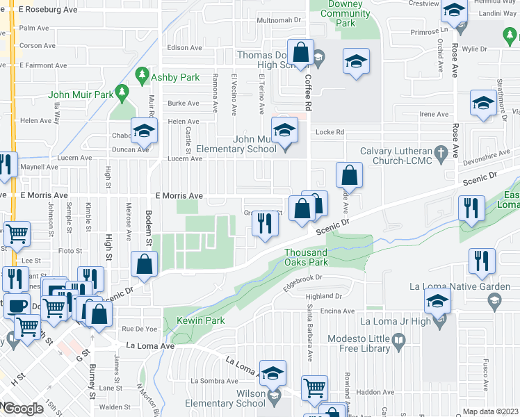 map of restaurants, bars, coffee shops, grocery stores, and more near 1135 Grantland Court in Modesto