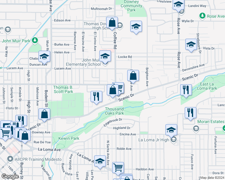 map of restaurants, bars, coffee shops, grocery stores, and more near 1218 Grantland Court in Modesto