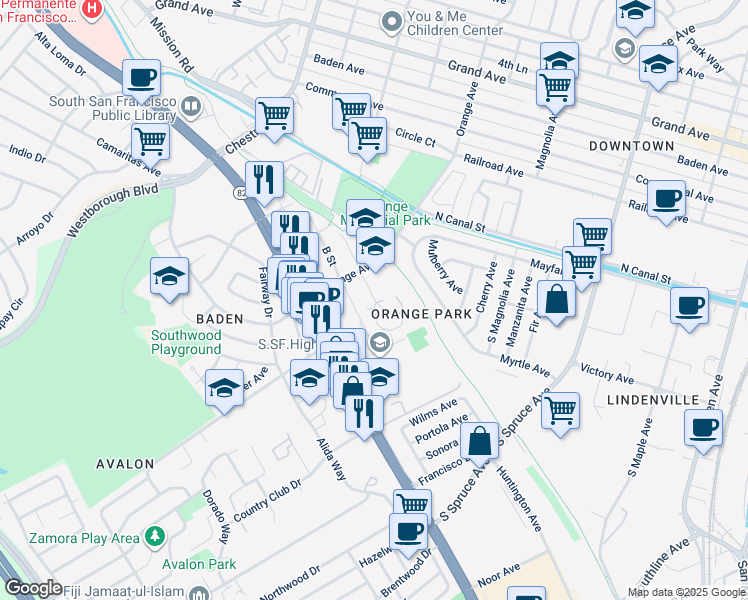map of restaurants, bars, coffee shops, grocery stores, and more near 412 C Street in South San Francisco