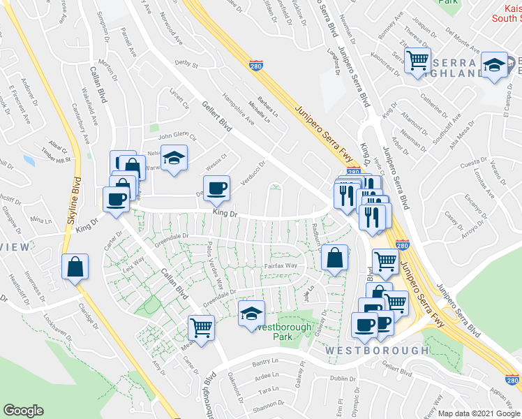 map of restaurants, bars, coffee shops, grocery stores, and more near 98 Camelot Court in Daly City