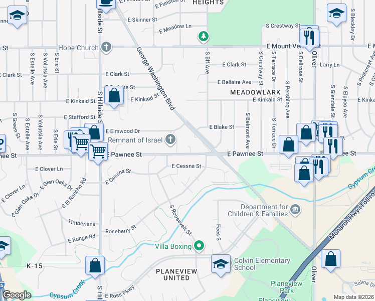 map of restaurants, bars, coffee shops, grocery stores, and more near 3823 East Pawnee Street in Wichita