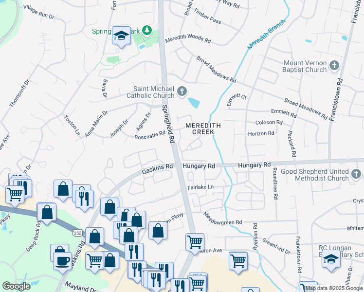 map of restaurants, bars, coffee shops, grocery stores, and more near 4507 Meredith Creek Drive in Glen Allen