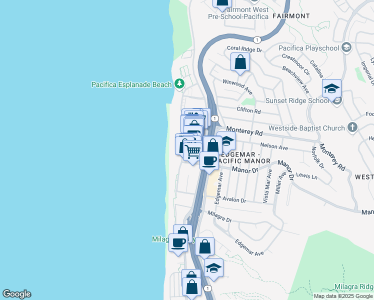 map of restaurants, bars, coffee shops, grocery stores, and more near 5 West Manor Drive in Pacifica