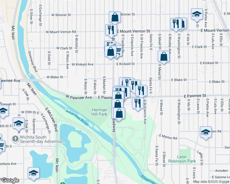 map of restaurants, bars, coffee shops, grocery stores, and more near 2348 South Broadway in Wichita
