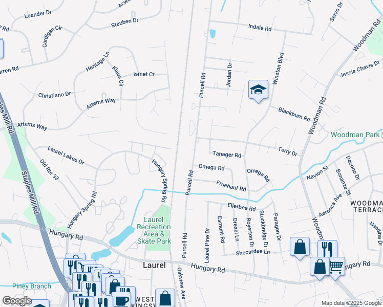 map of restaurants, bars, coffee shops, grocery stores, and more near 10008 Purcell Road in Henrico