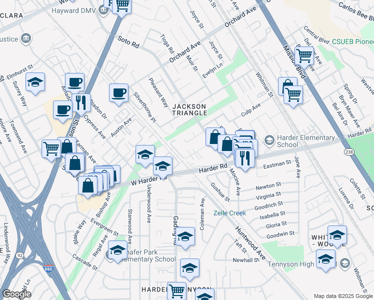 map of restaurants, bars, coffee shops, grocery stores, and more near 106 Lund Avenue in Hayward
