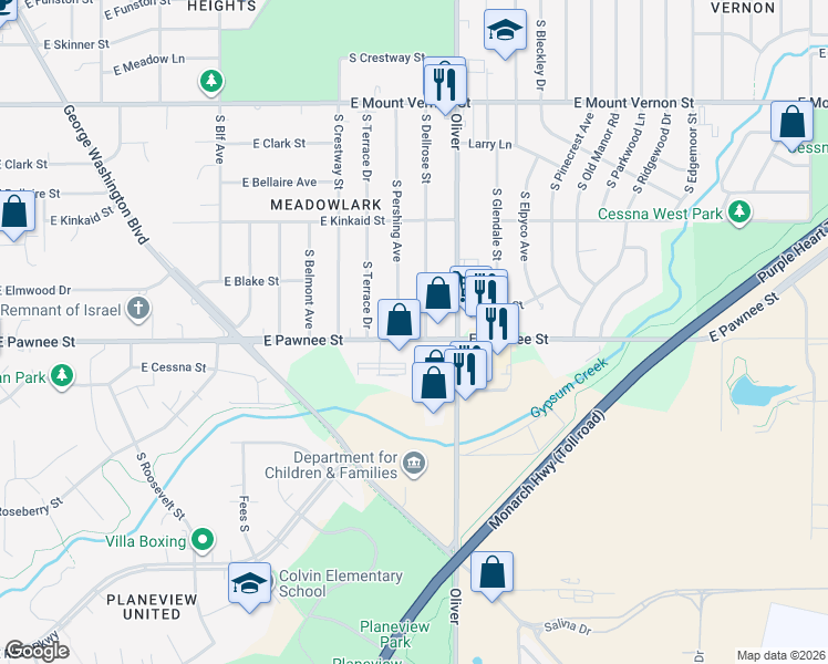 map of restaurants, bars, coffee shops, grocery stores, and more near 4618 East Pawnee Street in Wichita