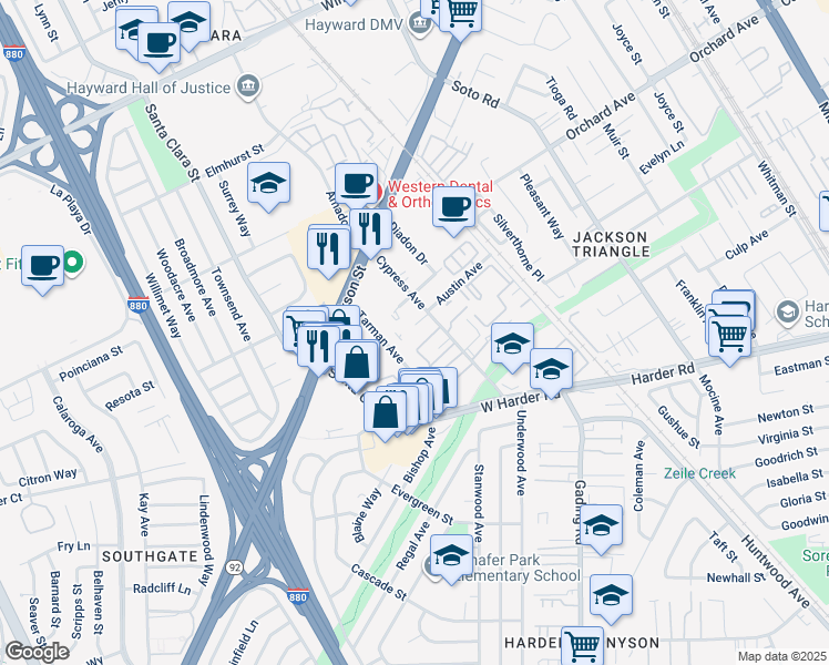map of restaurants, bars, coffee shops, grocery stores, and more near 200 Fagundes Street in Hayward