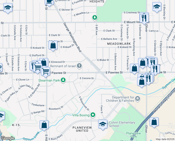 map of restaurants, bars, coffee shops, grocery stores, and more near 3823 East Pawnee Street in Wichita