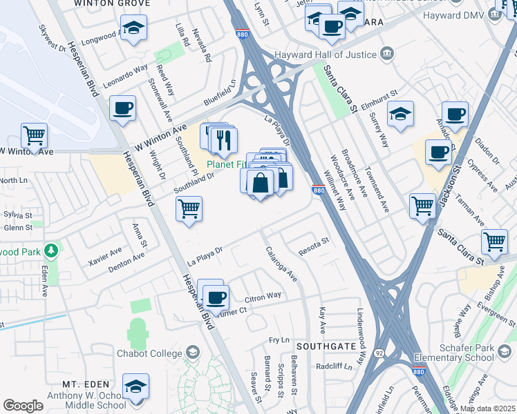 map of restaurants, bars, coffee shops, grocery stores, and more near 340 Southland Mall in Hayward
