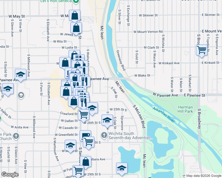 map of restaurants, bars, coffee shops, grocery stores, and more near 2456 S Osage Ave in Wichita