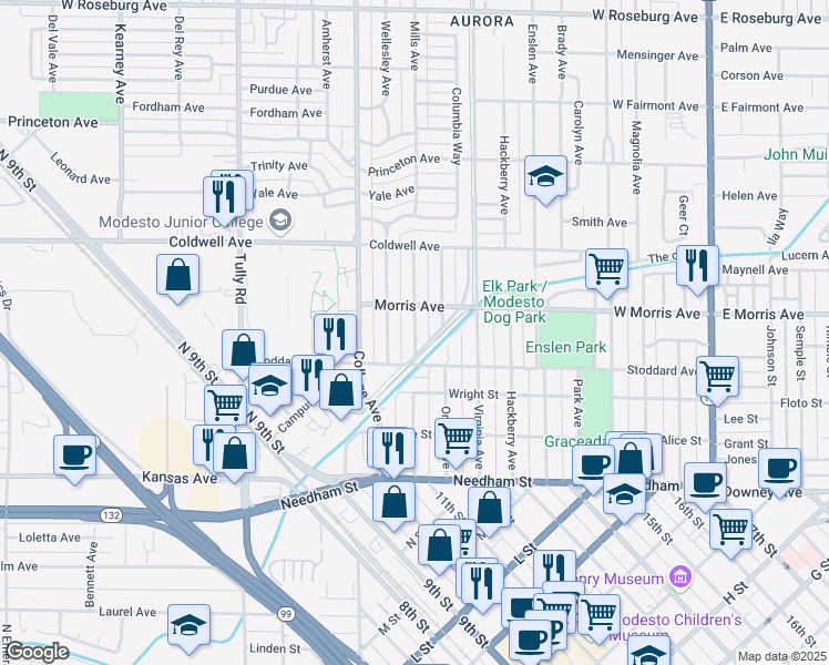 map of restaurants, bars, coffee shops, grocery stores, and more near 416 Olive Avenue in Modesto