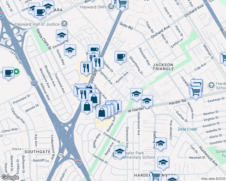 map of restaurants, bars, coffee shops, grocery stores, and more near 25221 Cypress Avenue in Hayward