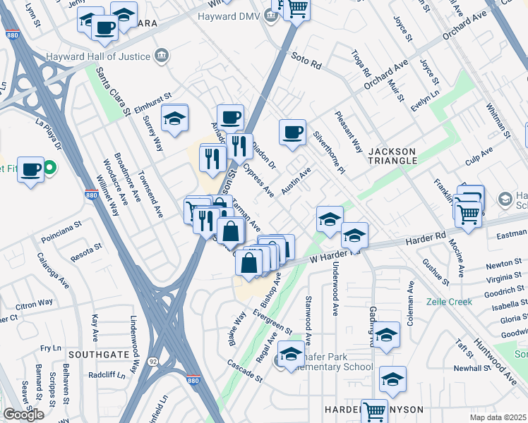 map of restaurants, bars, coffee shops, grocery stores, and more near 25268 Tarman Avenue in Hayward