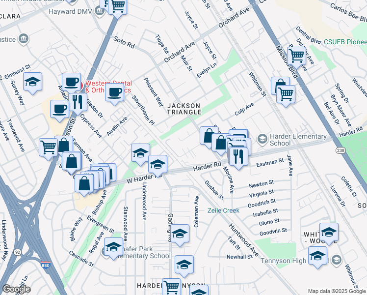 map of restaurants, bars, coffee shops, grocery stores, and more near in Hayward