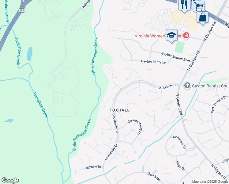 map of restaurants, bars, coffee shops, grocery stores, and more near 3205 Swanhollow Way in Richmond