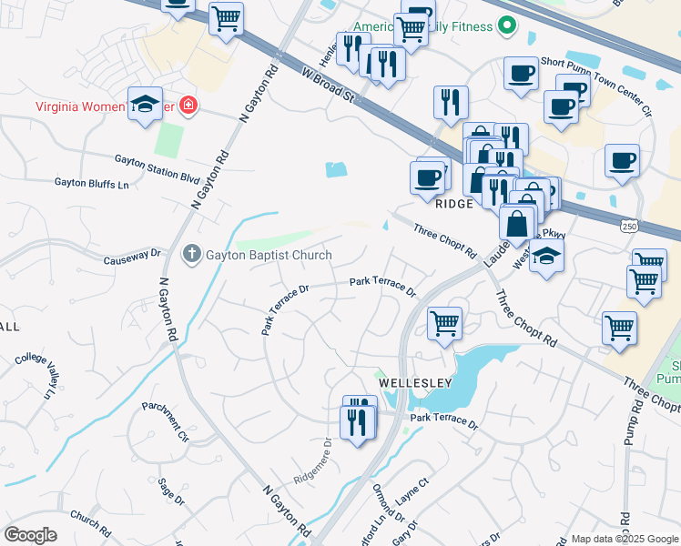 map of restaurants, bars, coffee shops, grocery stores, and more near 12029 Springrock Court in Richmond