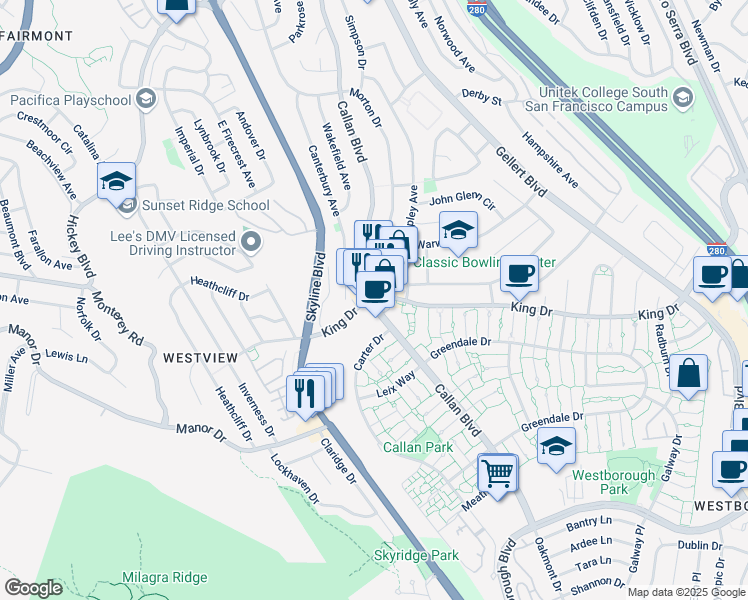 map of restaurants, bars, coffee shops, grocery stores, and more near Callan Blvd & King Dr in Daly City