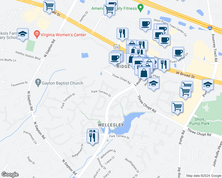map of restaurants, bars, coffee shops, grocery stores, and more near 12031 Foxfield Circle in Richmond