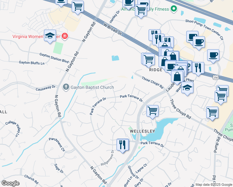 map of restaurants, bars, coffee shops, grocery stores, and more near 12029 Springrock Court in Richmond