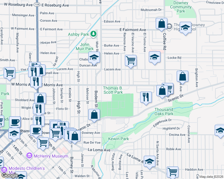 map of restaurants, bars, coffee shops, grocery stores, and more near 800 East Morris Avenue in Modesto
