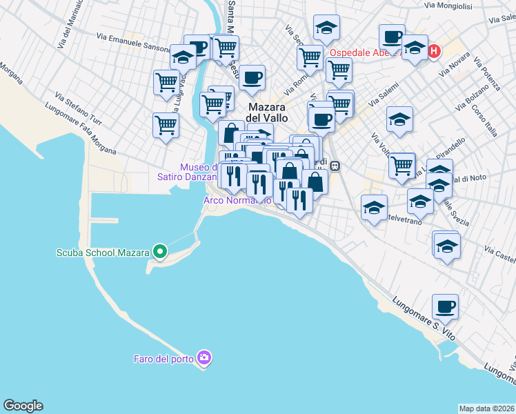 map of restaurants, bars, coffee shops, grocery stores, and more near 23 Lungomare Giuseppe Mazzini in Mazara del Vallo
