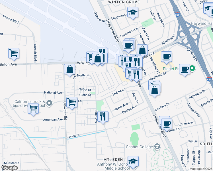 map of restaurants, bars, coffee shops, grocery stores, and more near 1200 West Winton Avenue in Hayward