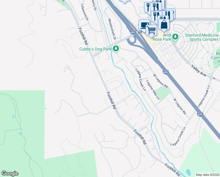 map of restaurants, bars, coffee shops, grocery stores, and more near 2389 Foothill Road in Pleasanton