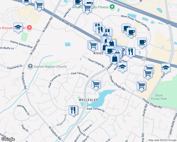 map of restaurants, bars, coffee shops, grocery stores, and more near 12031 Foxfield Circle in Richmond